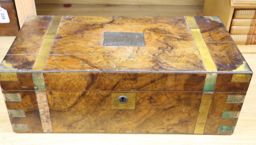 A George III burr walnut brass bound writing slope, length 50cm